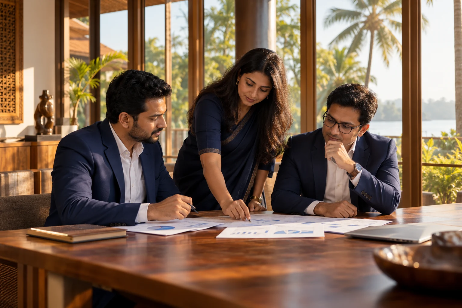 Illustrative scene of business consultants reviewing reports in a sunlit office